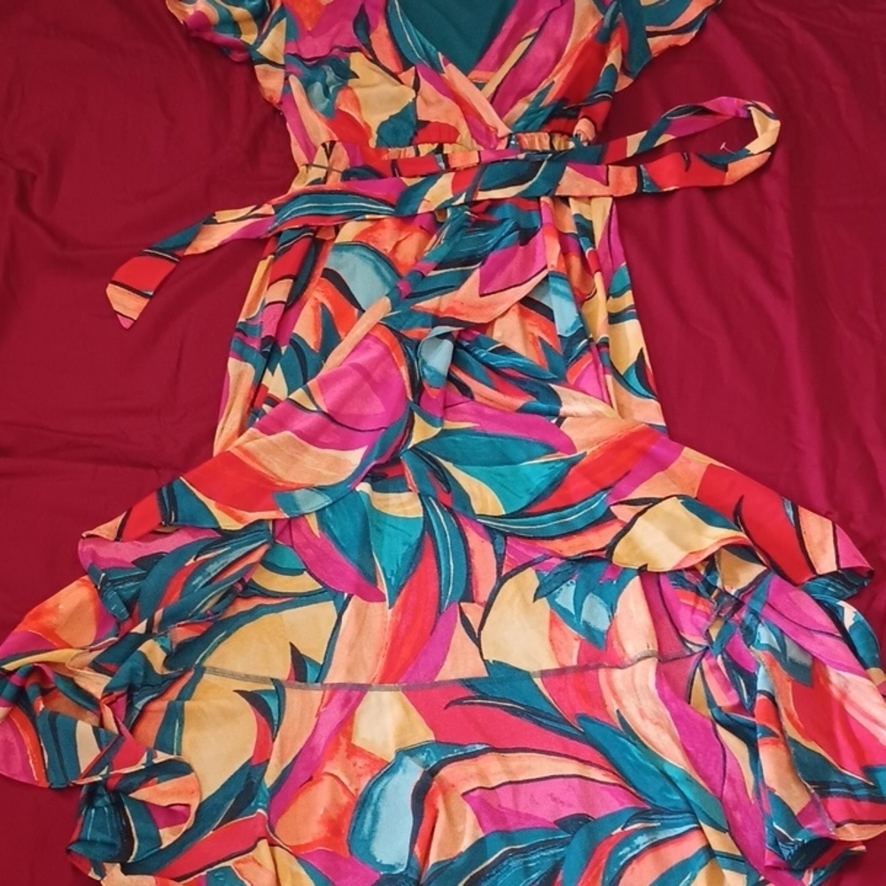 Nicole Miller NY Colorful Wrap Dress Belted Waist Classy Easter Spring Summer L - Picture 5 of 8